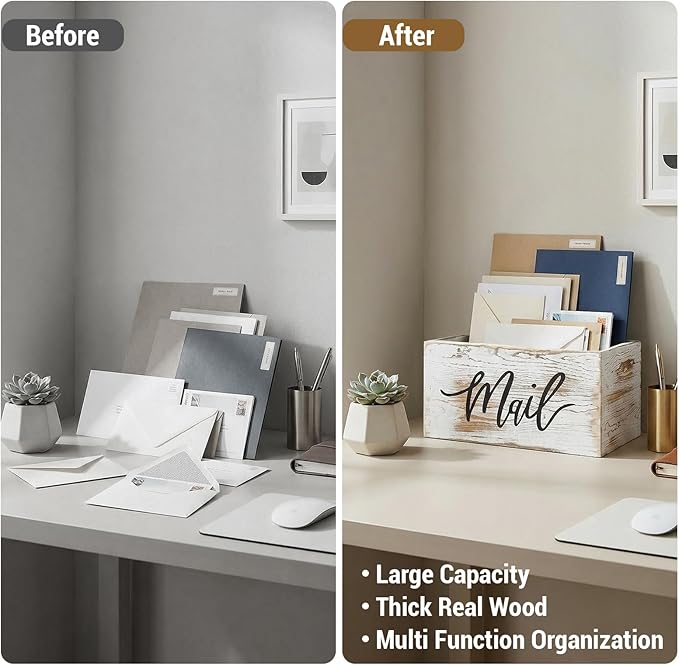 MyGift Mail Holder Storage Organizer Box Whitewashed Wood with MAIL Script Design, Desktop Letters, Bills, Notes and Postcard Bin for Home Office Dorm Room
