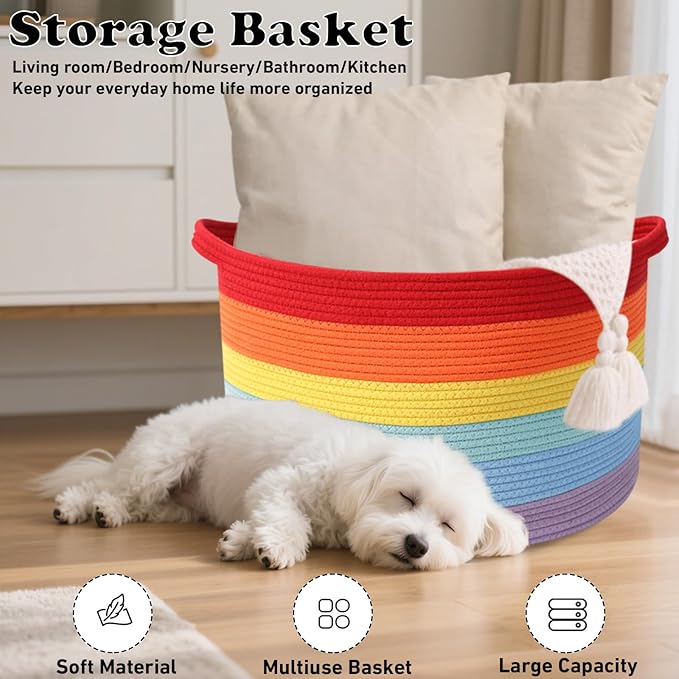 90L Large Blanket Basket,21.7"L x 21.7"W x 13.8"H Rope Woven Baskets with Handles, Toys Storage Bins,Laundry Basket Perfect for Living Room, Nursery,Bedroom,Home Organization,Rainbow