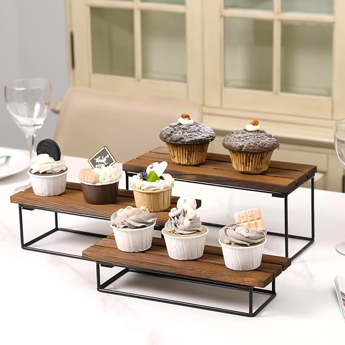 MyGift Wood Display Riser Stand, 3-Tier Rustic Tabletop Display Shelf for Retail, Vendor, Countertop Perfume Organizer, Cupcake Stand, Kitchen Spice Rack