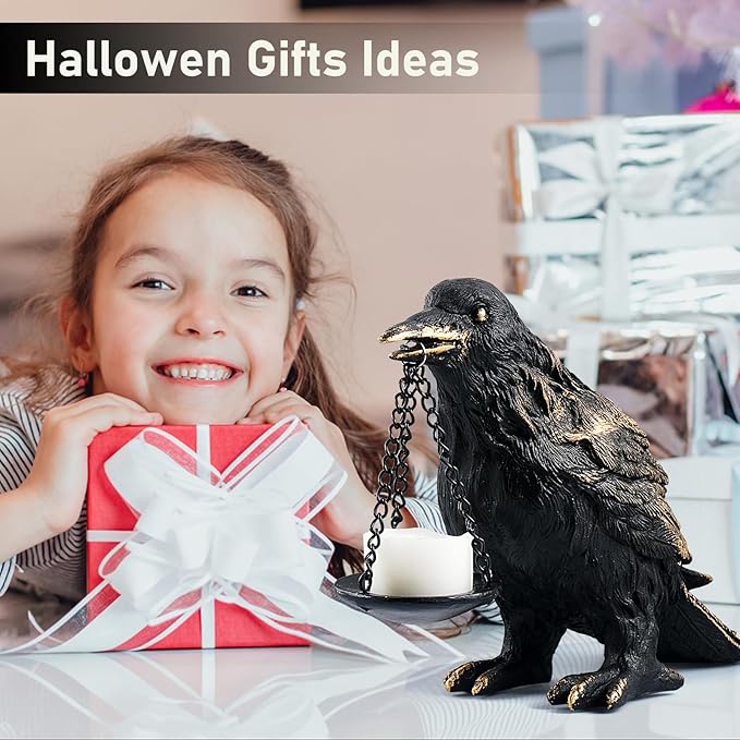 Gothic Crow Lamp with Tealight Candle Holder Resin Raven Decor Statue Gothic Home Decor for Bedroom Unique Goth Gifts Wearing Gold