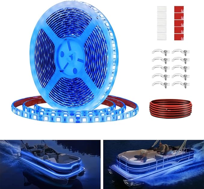 Pontoon LED Strip Lights, 12V 5M/16.4FT Waterproof Marine LED Light Boat Interior Light, Boat Deck Lights for Night Fishing, Ideal for Pontoon Fishing Boat (Blue)