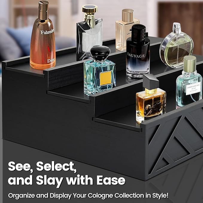Wooden Cologne Organizer for Men，3 Tier Cologne Stand and Perfume Organizer for Women, Perfume Display Holder Cologne Display Shelf with Hidden Compartment for Watch, Jewelry,Great Gift for Father
