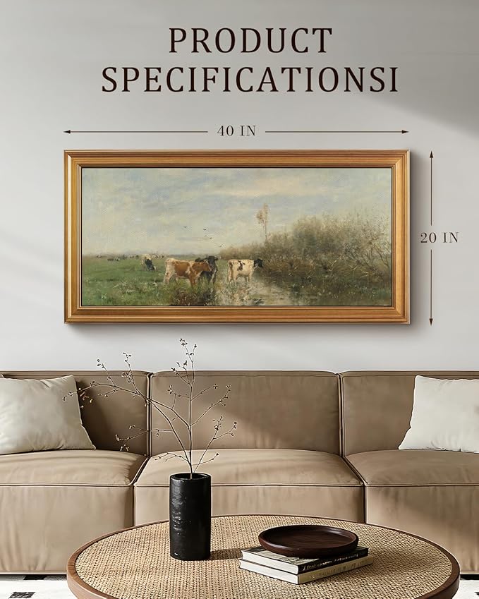 Bzstyleart Vintage Wall Art Decor, Large Canvas Framed Wall Art, Landscape Painting Picture Farmhouse, Large Canvas Artwork for Bedroom Home Decor Aesthetic, Rural Field, 20 x 40 Inch