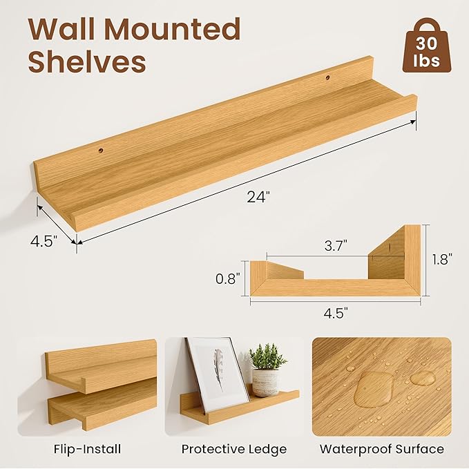 Heimlove Picture Ledge Shelf,24 inch Long Floating Shelves for Wall Set of 2,Picture Shelf with Lip for Wall Decor,Living Room,Bedroom,Bookshelf,Nursery,Perfume,Oak Color