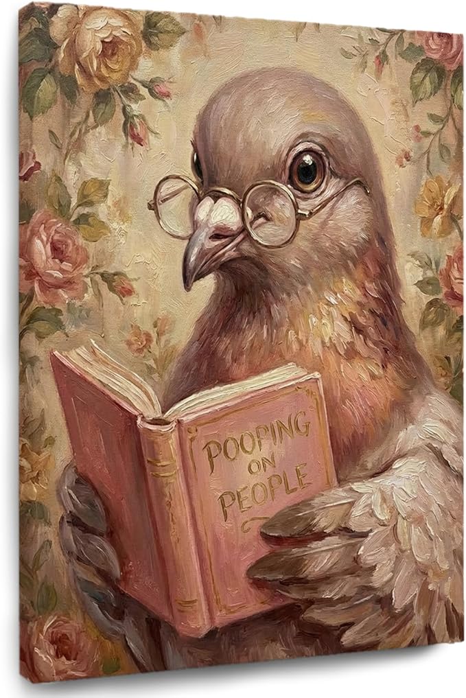 TAZSWDMM Pigeon Reading Book Framed Canvas Wall Art Posters, Book Lover Reader Gifts, Pooping on People Quirky Bird Wall Art Prints for Home Bathroom Reading Room Decor, 11x14 Inch