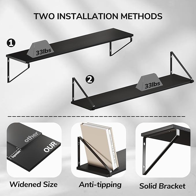 BAMEOS Rustic Wood Wall Shelves - Set of 3, Large Bookshelf for Living Room, Bedroom and Kitchen, Black Shelves for Wall Decor