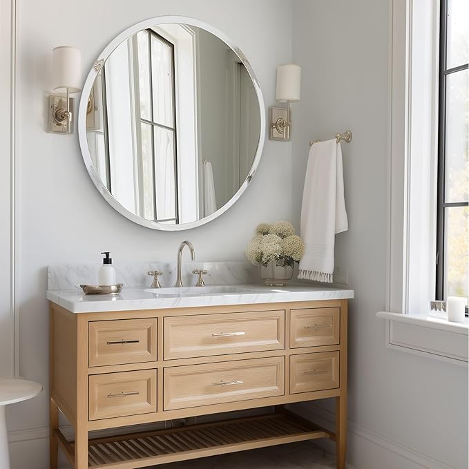 USHOWER 36" Round Frameless Wall Mirror with Beveled Edge - Circle Mirror for Bathroom & Vanity, Elegant & Simple Look