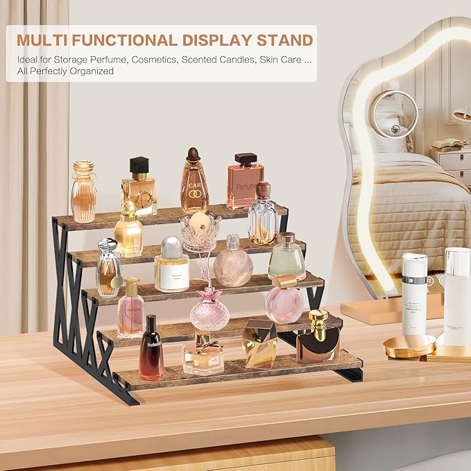 KALYLOC 5 Tier Wooden Display Riser Stand 13.8 Inch Metal Step Perfume Stand Organizer Tabletop Tiered Display Shelf Rack for Cologne Cupcake Spice Figures Cosmetics Candles (Brown, X-Shape)