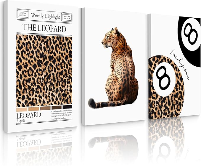 Trendy Leopard Wall Art Cheetah Print Canvas Wall Decor 8 Ball Poster Preppy Room Aesthetic Pictures Funky Coquette Vintage Prints Y2k Fashion Lucky Posters for Bedroom 16x24x3 Inch Wrapped Canvas