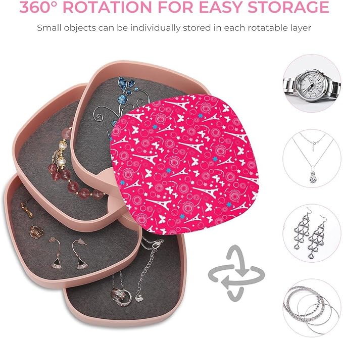 4-Layer Rotating Jewelry Storage Tray Paris Eiffel Tower Butterfly Pink Necklace Ring Earring Organizer Box with Mirror for Bracelets Ring