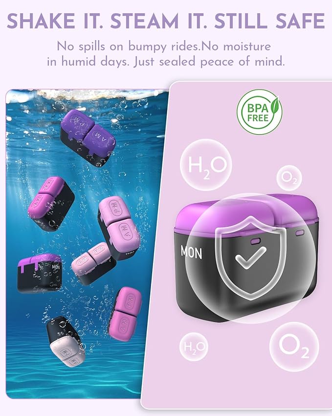 Weekly Pill Organizer 2 Times a Day, 7 Day Travel Medicine Pill Organizer with Moisture-Proof Silicone Lid, AM PM Daily Pill Box for Vitamins & Supplements, Aesthetics Pill Case(Purple)