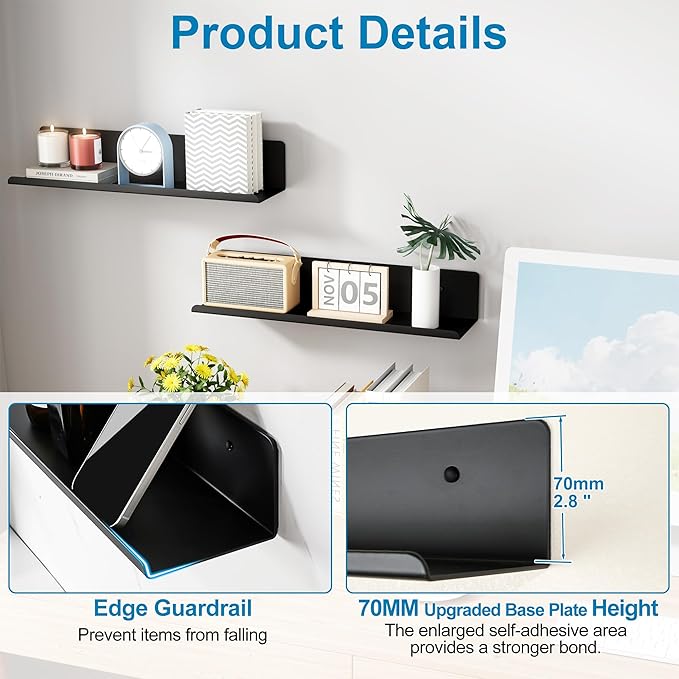 SAYAYO Black Floating Shelves for Wall Storage, 16 Inch Screw or Self Adhesive Wall Shelves for Bedroom Decor, Display Bathroom Shelf Organizer for Kitchen, Living Room, Office, 2pcs