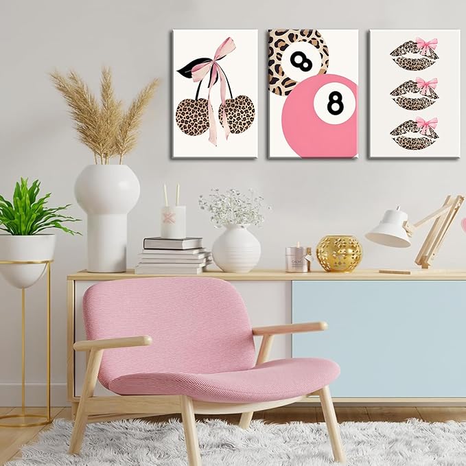Trendy Pink Leopard Bow Canvas Wall Art Set of 3 Funky Cherry Lucky 8 Ball Posters Prints Cute Coquette Preppy Room Aesthetic Wall Decor Pictures for Girls Bedroom Apartment Dorm 16x24in