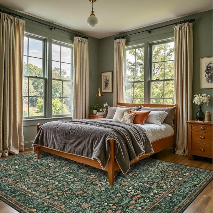 Rugxara 8x10 Area Rugs for Living Room Bedroom, Large Washable Rug, Green Vintage Floral Boho Rug, Non Slip & Low Pile Faux Wool Thin Carpet for Indoor Dining Room and Kids Room(Green 8x10ft)