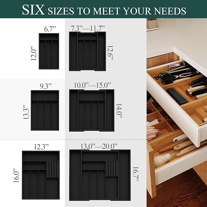 Bamboo Silverware Organizer, Expandable Kitchen Drawer Organizer, Utensil Holder and Cutlery Tray with Grooved Drawer Dividers, Spoon Flatware Storage with Removable Knife Block (Black)