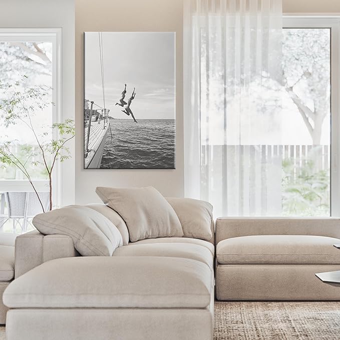 Retro Black And White 80s Trendy Wall Art Black And White Women Jumping Into Water Poster Summer Ocean Jump Sail Boat Yacht Wall Decor For Girl Room Beach Lovers Life 24x36in Framed