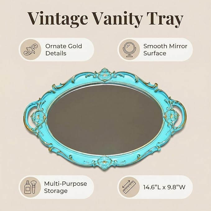 Schones Geschaft Decorative Mirror Tray, Makeup Jewelry Perfume Organizer，Vintage Oval Display and Serving Tray for Bedroom Living-Room Dresser Decor (14.4”x 9.8”) (Blue - Oval)