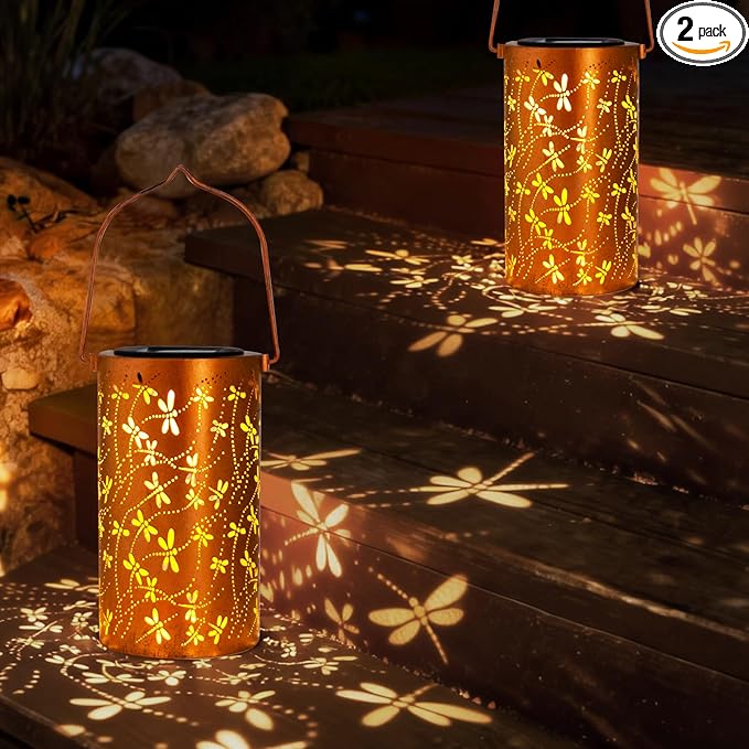 DIBIEECN Mothers Day Gifts for Mom, Birthday Gifts Grandma Ladies Solar Lanterns Outdoor Hanging Hollowed-Out Metal Waterproof LED Garden Decor Outside for Patio Yard Porch, Dragonfly, 2Pack