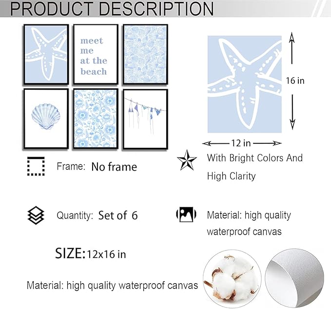 Zuowclli 6Pcs Coastal Granddaughter Wall Art Prints Blue Beachy Shell Bikini Wall Decor Pictures Summer Meet Me At The Beach Preppy Aesthetic Posters for Girly Bedroom Dorm Apartment Unframed 12x16in