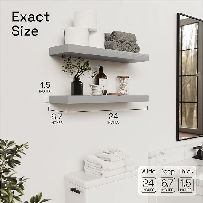 BAOBAB WORKSHOP Wood Floating Shelves for Wall - Rustic Shelf 24 inch - Grey Bathroom Shelves - Solid Wood Shelves for Wall for Bedroom Kitchen Living Room - Gray Finish - 24 x 6.7 Inch, Set of 2