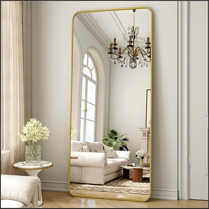 Gold Full Length Mirror 26 x 71 Inch Nano Floor Mirrors with Stand Rounded Corner Full Body Mirrors with Aluminum Alloy Frame for Bedroom Living Room Checkroom