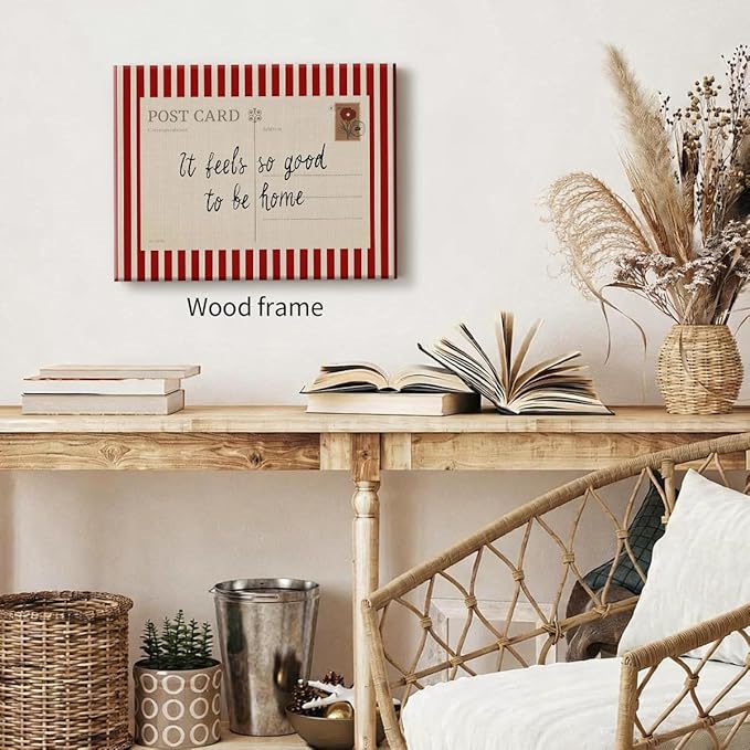 Red Vintage Postcard Poster It Feels So Good To Be Home Quote Wall Art Mid Century Modern Striped Canvas Prints for Living Room Bedroom Wall Decor 08x10 inch Wood Framed