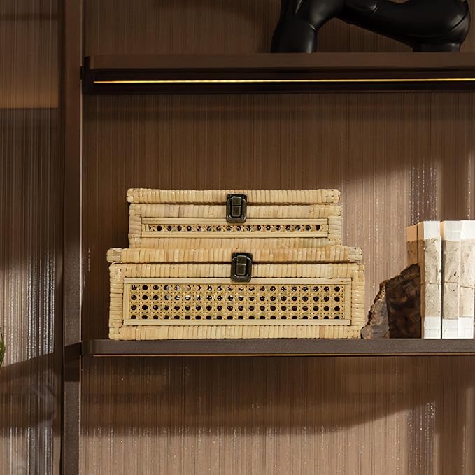 Boho Rattan Display Boxes with Rattan Lids, 3 Pcs Large Natural Handwoven Cane Basket, Home Decor Organizers Storage Bins, Natural Finish Display Boxes