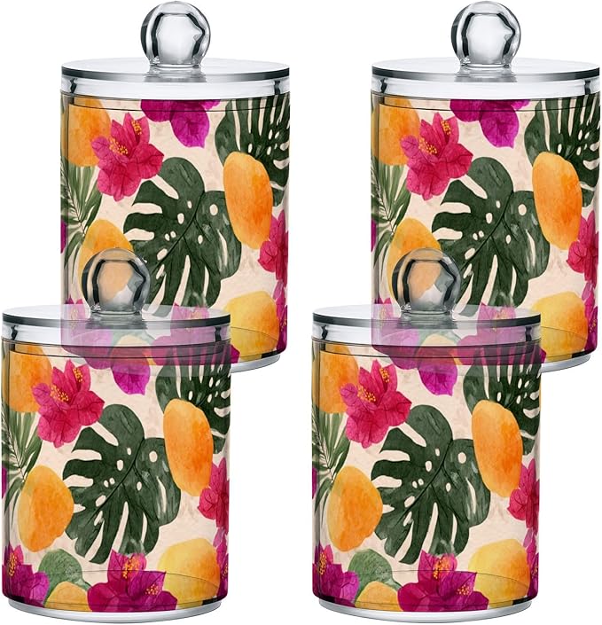 2 Pack Apothecary Jars Artistic Tropical Floral Yellow Bathroom Vanity Storage Organizer Set,Small Clear Plastic Storage Jars Bathroom Canister for Cotton Swabs, Rounds, Balls, Qtips,Makeup Spo