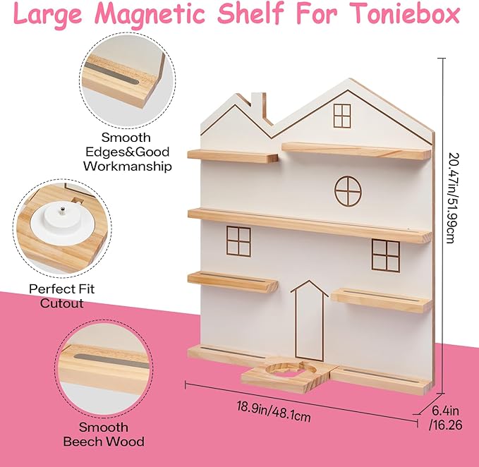 Gieanoo Large Tonie Shelf for Toniebox,for Toniesbox 1 and Toniesbox 2 Tonie Shelf Wall Mounted Magnetic Pine Wooden Floating Shelves Compatible with Tonie Box Player Tonie Figures Storage(White)