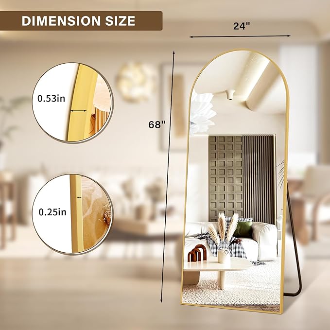 XRAMFY 24x68 Arched Full Length Mirror Floor Mirrors with Aluminum Alloy Frame Free-Standing Wall Mounted Floor Mirrors or Large Dressing Mirror, Gold Mirror Full Length
