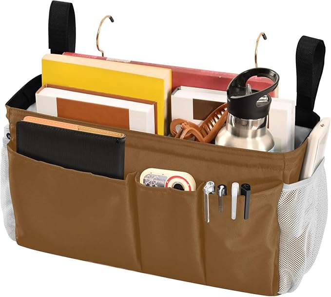 Brown Bedside Caddy Storage Bag Bedside Organizer for Bunk Bed Headboards College Organizer Caddy Hanging Shelf 6 Pockets with Hooks for Drinks Magazine Phone Holder