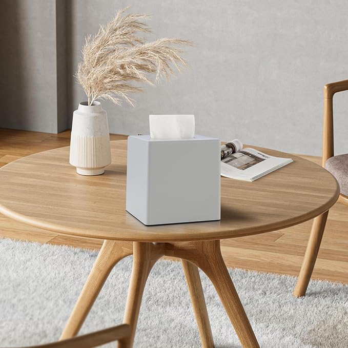 Y-in Hand Tissue Box Cover, Square Facial Tissue Holder Storage for Bathroom Vanity, Countertops, Dressers, Night Stand, Parlors and Offices - Grey