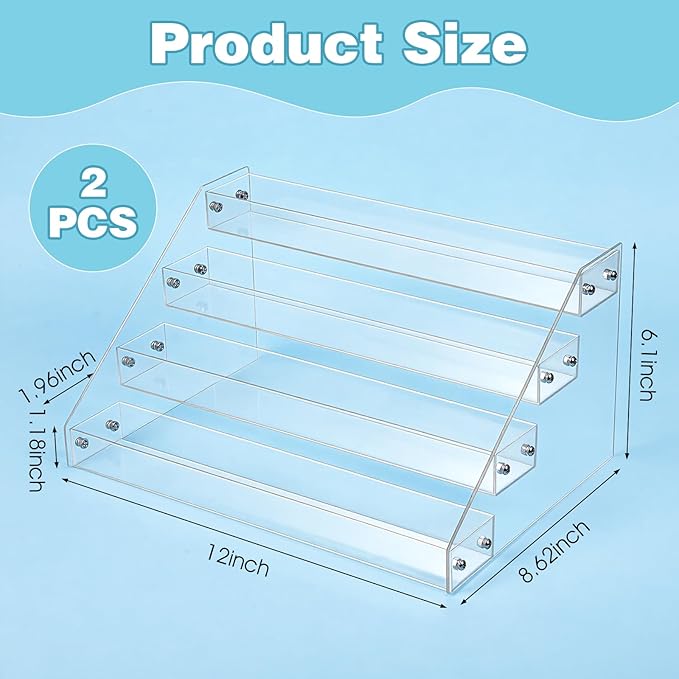 2 Pcs 12" Acrylic Riser Display Stands 4 Tier Clear Display Shelf Decorative, Skincare Organizers for Countertop, Tabletop, Collectibles, Nail Polish Perfume Organizer
