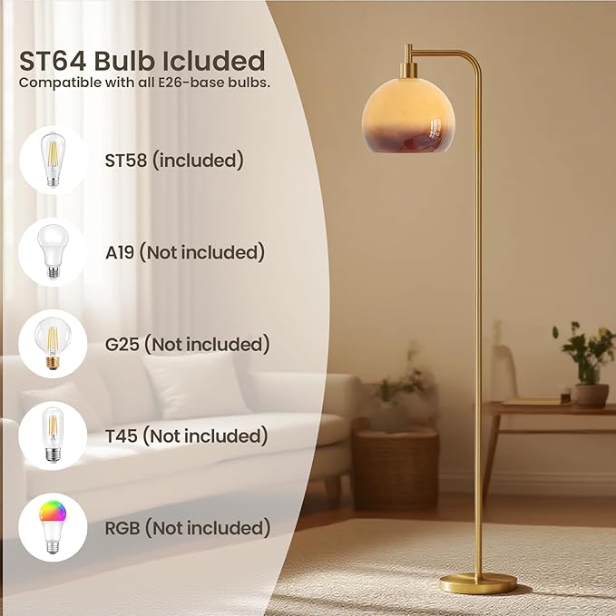 Glass Floor Lamp,67" Modern Standing Lamp with Sunset Grapefruit Glass Lampshade Metal Pole for Living Room, Bedroom, Office - Heavy Base,Pedal Switch (Include Bulb)(Gradient)