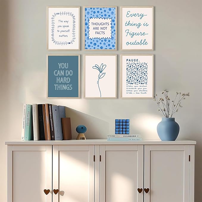 Mental Health Wall Decor Therapy Office Canvas Wall Art Posters Blue Boho Motivational Picture Psychology Artwork Inspirational Positive Quotes Prints for Counseling Office 8x10 Inch Framed 6Pcs
