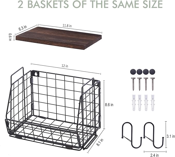 Wall Storage Hanging Baskets 2 PACK - Wooden Top Wire Basket Organizers & S Hooks - Assemble Floating Shelf Racks for Pantry Kitchen Office Bathroom Garage Organization (Large)