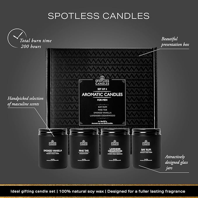 Scented Candles for Men - Soy Candles in Gift Box & Protective Shipper - Men Candle Set x 4 - Cedarwood & Lavender/Bay Rum/Pine Tar/Smoke & Vanilla - Spotless Leopard