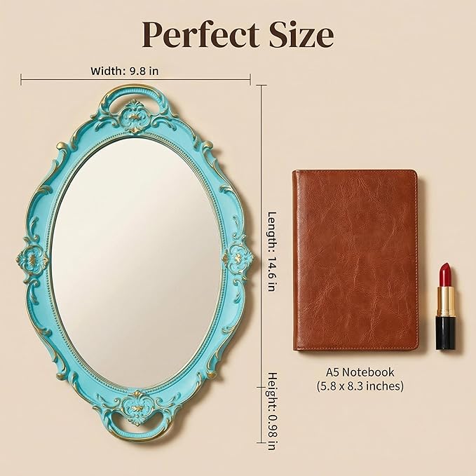 Schones Geschaft Decorative Mirror Tray, Makeup Jewelry Perfume Organizer，Vintage Oval Display and Serving Tray for Bedroom Living-Room Dresser Decor (14.4”x 9.8”) (Blue - Oval)