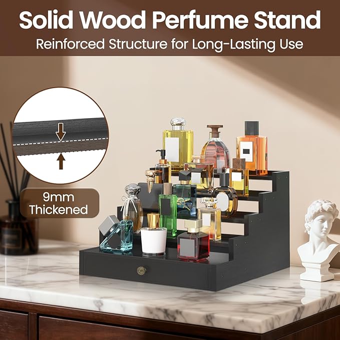 MODOWEY Perfume Organizer Cologne Holder Stand for Men, Wooden Wide-Spaced Shelf with Drawer, 5 Tier Large Capacity Storage Rack for Dresser Countertop, for a Neat, Accessible Fragrance Display, Black