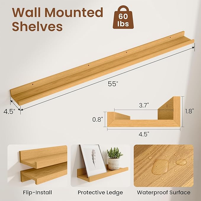 Heimlove Picture Ledge Shelf,56 inch Long Floating Shelves for Wall Set of 2,Picture Shelf with Lip for Wall Decor,Living Room,Bedroom,Bookshelf,Nursery,Perfume,Oak Color
