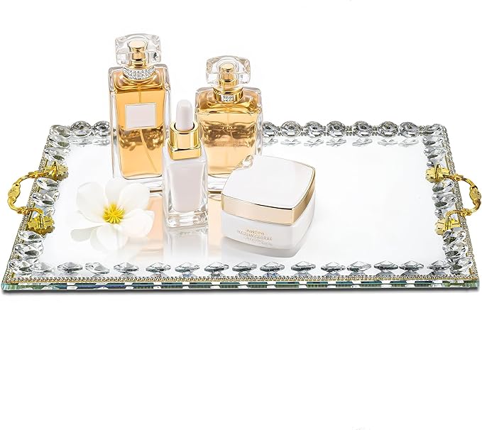 kanpura Large Crystal Tray Modern Glass Mirror Jewelry Trinket Trays with Diamond, 14.7" x 10.8" Rectangular Makeup Perfume Tray for Bathroom Bedroom, Hotel Banquet, Party (Golden)