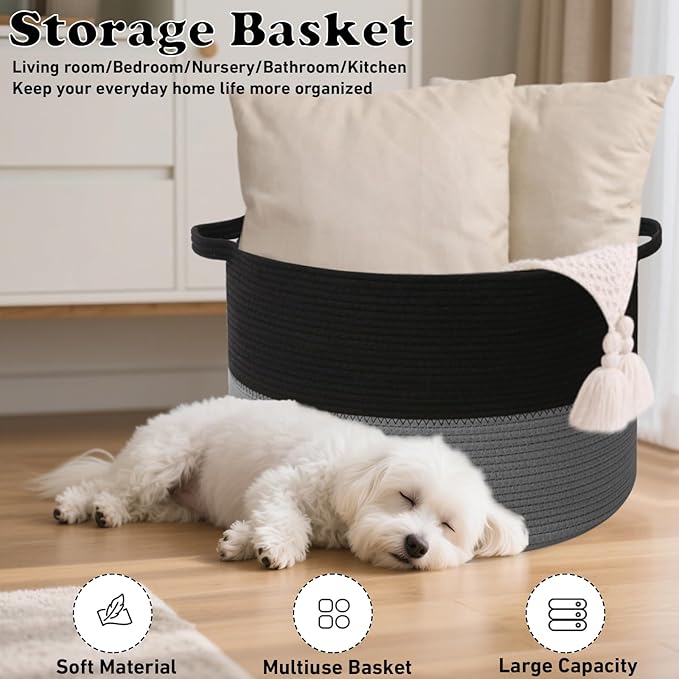 90L Large Blanket Basket, 21.7"x 21.7"x 13.8" Rope Woven Storage Basket with Handles, Laundry Hamper for Toys,Clothes,Pillows & Towels,Perfect for Living Room,Nursery & Bedroom,Black&Dark Grey