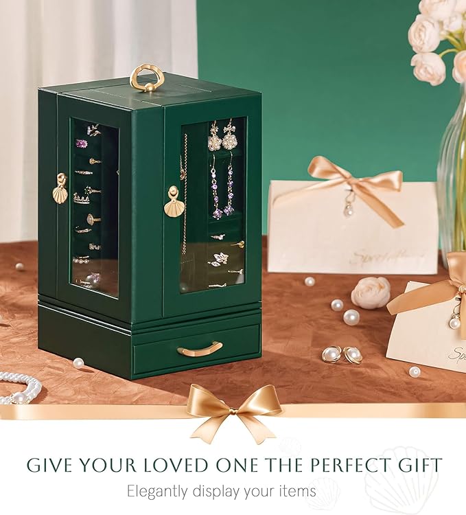 Enthralite Jewelry Box Large for Dresser: Women Necklace Ring Storage Organizer with Compartments - Elegant Earring Holder Display - 360° Rotating Jewelry Organizer with Glass Door