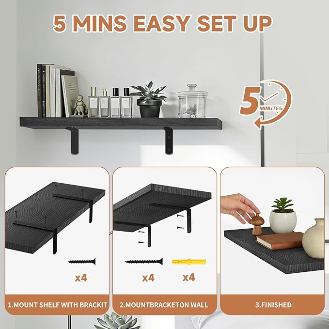 Easy Install Floating Shelves, 15.7 Inch Wall Mounted Wood Shelf,Hanging Shelf for Home Decor, Books and Storage, Small Organizer for Bedroom, Bathroom, Kitchen, Set of 3, Black