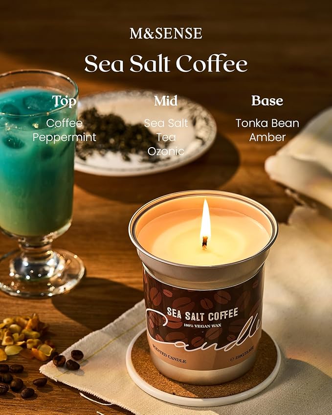 M&SENSE Iced Coffee Candle Summer Sea Salt Scented, Soy Wax 12.3oz 75 Hours Long Lasting Clean Burn, Fresh Jar Candles for Home Scented, Stress Relief Aromatherapy Gifts for Women Men