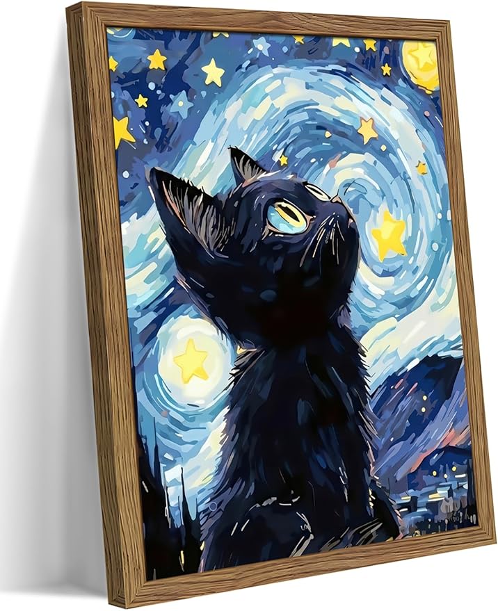 Framed Black Cat Wall Art, Van Gogh Starry Night Canvas Wall Decor, Cute Cat Animal Poster Print Picture, Impressionist Artwork Oil Painting for Bedroom Living Room Nursery 12x16 Inch