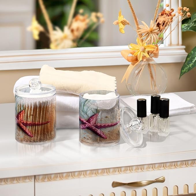 2 Pack Apothecary Jars,Starfish on Sand Bathroom Vanity Storage Organizer Set,Small Clear Plastic Storage Jars Bathroom Canister for Cotton Swabs,Rounds,Balls,Qtips,Makeup Sponges