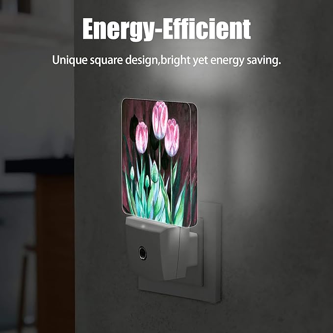 Pink Tulips on Dark Night Light, Dusk to Dawn Smart Sensor Nightlight for Bedroom Bathroom Kitchen Hallway Stairs Hallway, Plug-in, Energy Efficient Decor Desk Lamp Gifts