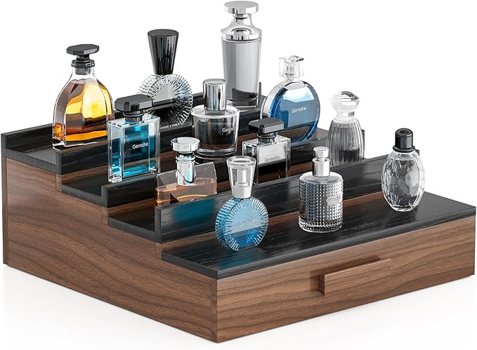 Solid Walnut Cologne Organizer for Men,Cologne Stand,4 Tier Wooden Cologne Holder Shelf Display,Perfume Stand Organizer with Drawer Storage and Hidden Compartment,Gift for Men Dad Husband