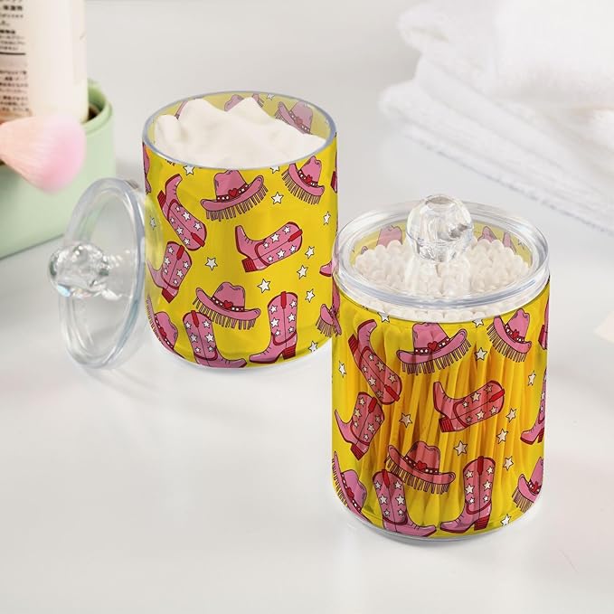 Western Cowboy Stars Yellow Bathroom Containers Holder with Lids Set Clear Jars 2 Pack Plastic Makeup Storage Organizer 4.13 x 2.75In for Vanity Balls Floss Picks